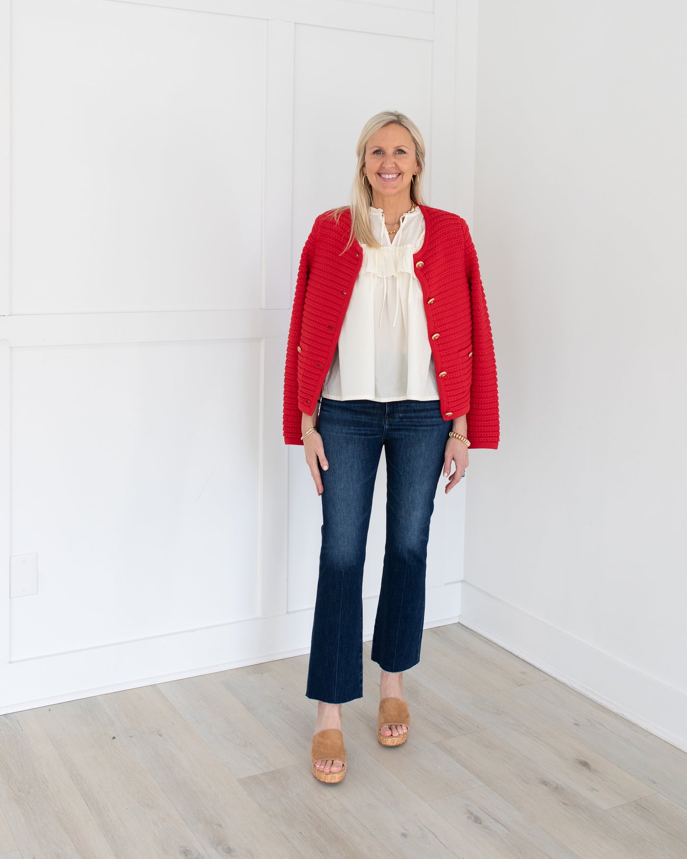 Red Knit Cardigan with Gold Buttons