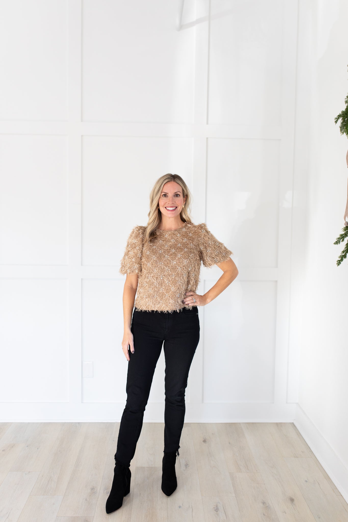 Latte and Neutral Sequin Puff Sleeve Sweater