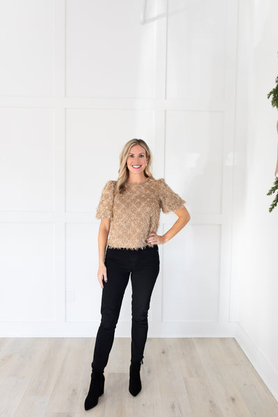 Latte and Neutral Sequin Puff Sleeve Sweater