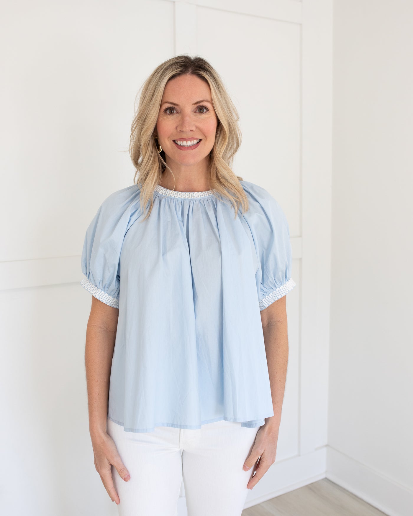 Blue Puff Sleeve Blouse with White Embroidered Trim