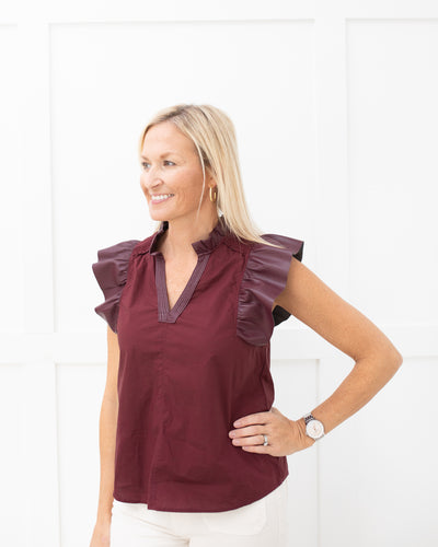 Burgundy Vegan Leather and Poplin Ruffle Sleeve Blouse