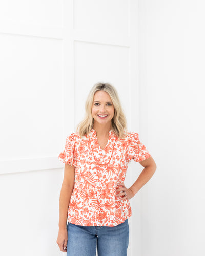 Rust Floral Peplum Blouse with Piping Detail