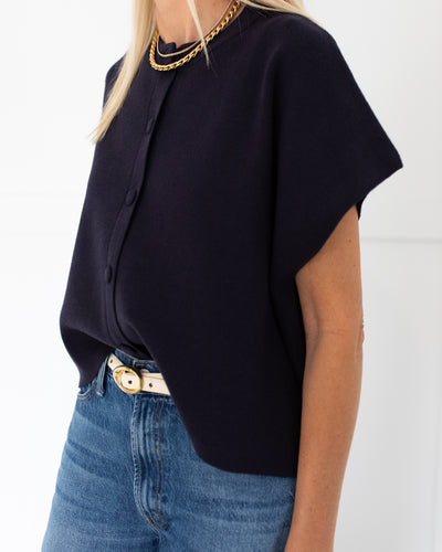 Navy Knit Soft Short Sleeve Sweater w/Buttons