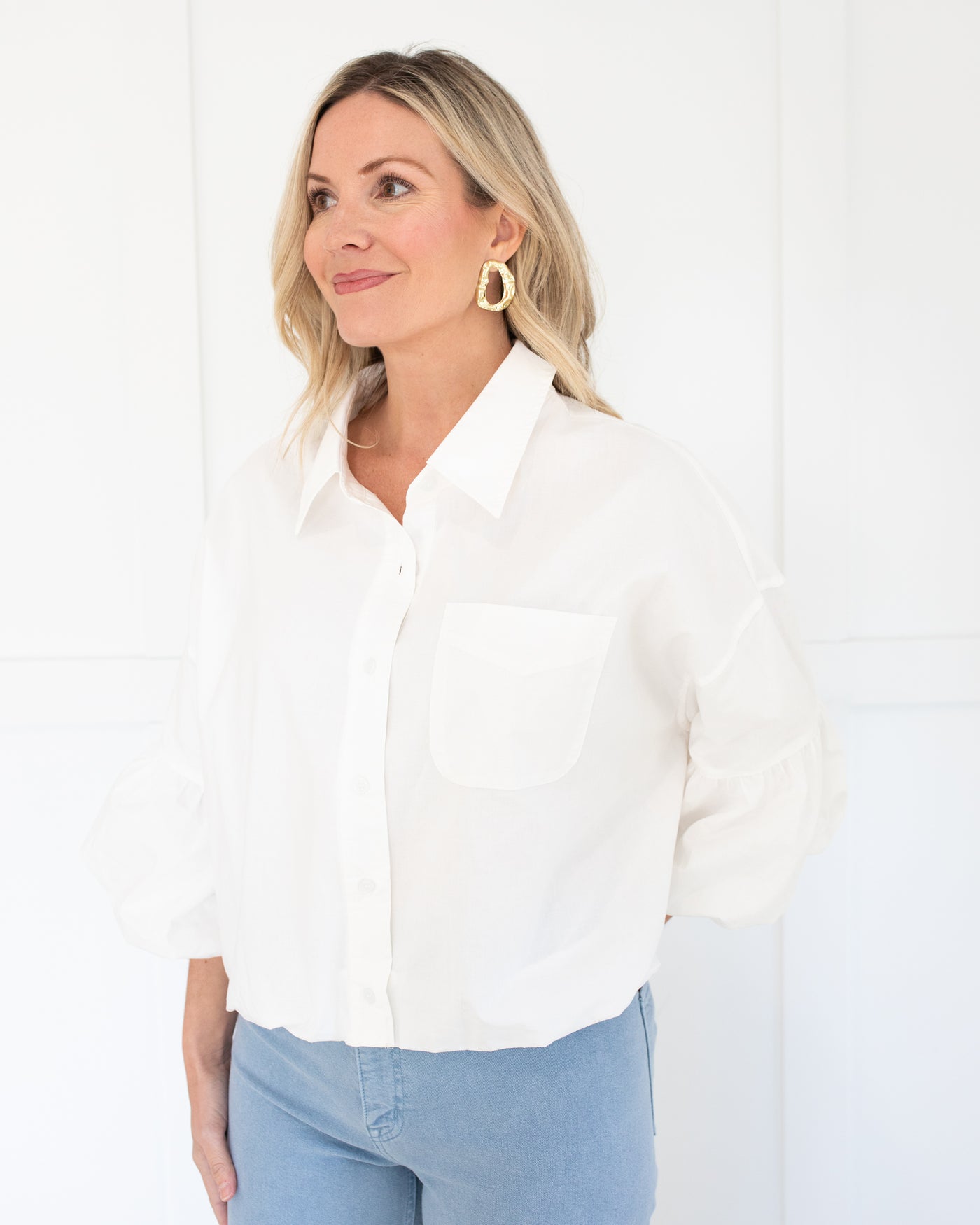 White Button Down Bubble Sleeve Blouse