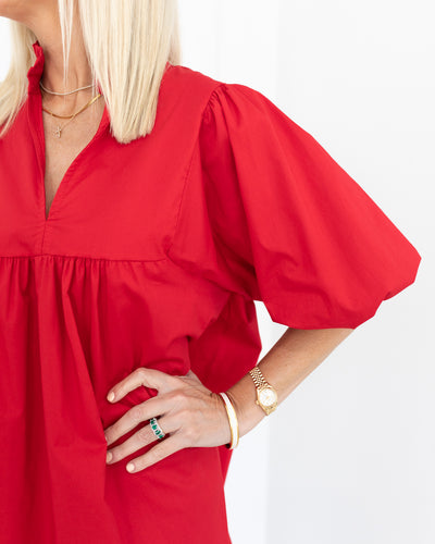 Red Poplin Puff Sleeve Cotton Dress - One Size