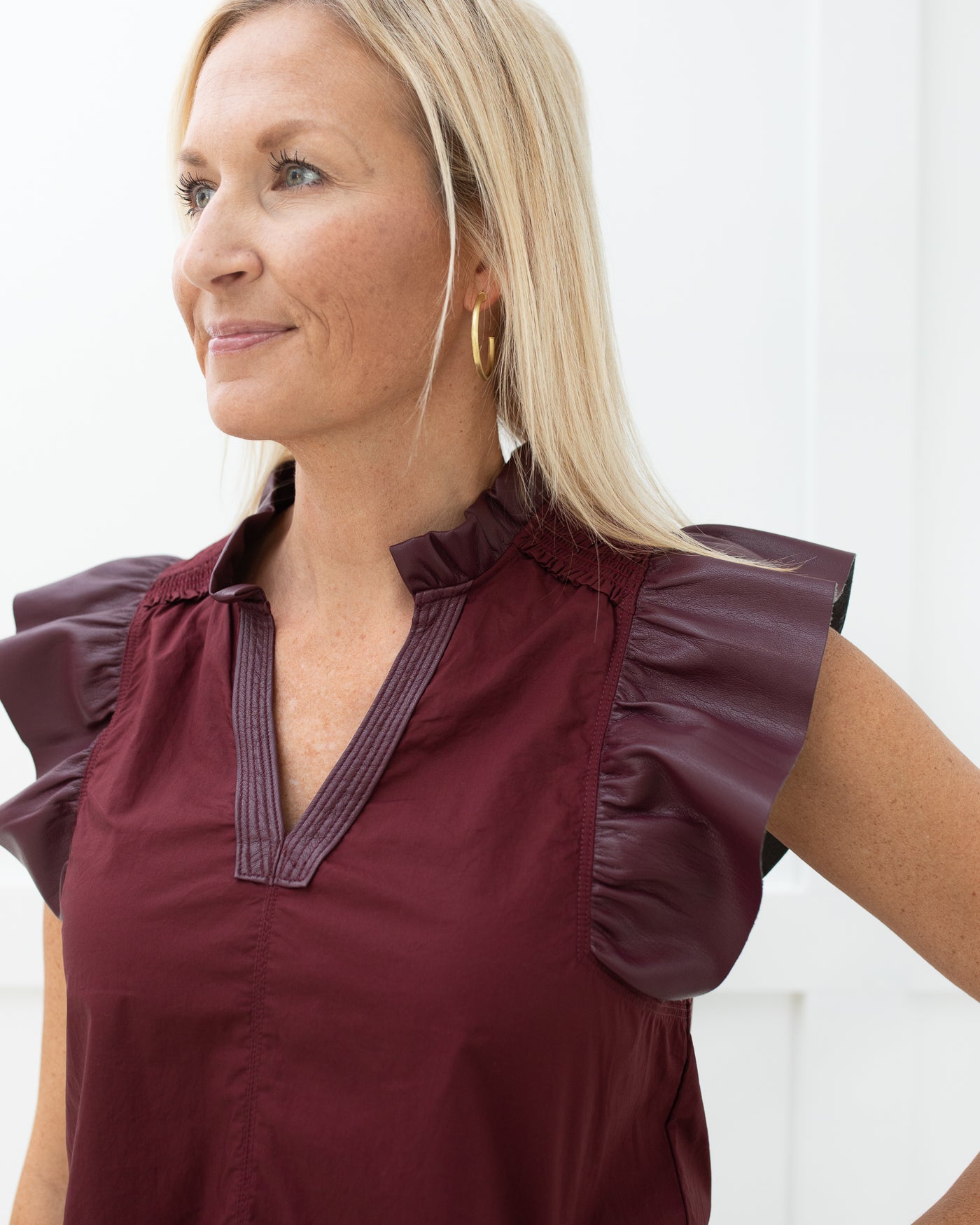 Burgundy Vegan Leather and Poplin Ruffle Sleeve Blouse