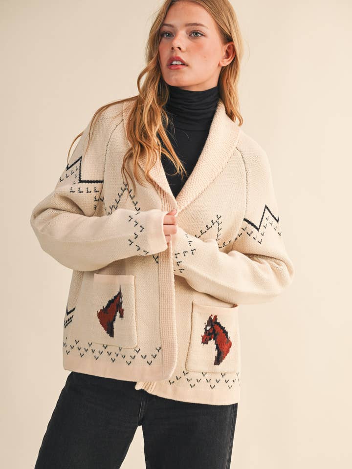 Cream Cardigan Sweater with Horses