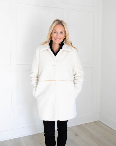 White Fluffy Sherpa Coat with Leather Detail