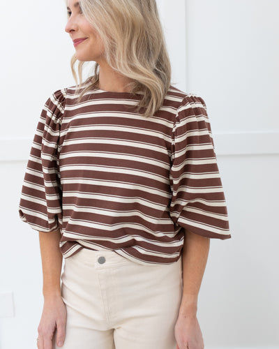 Brown and Cream Striped Balloon Sleeve Top