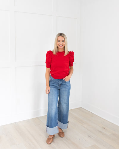 Red Lightweight Sweater with Ruched Sleeves