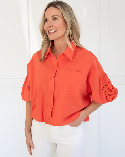 Coral Blouse with Embroidered Sleeve