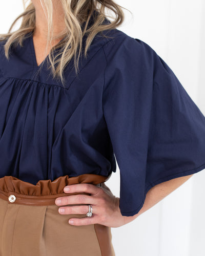 V-neck Ruffle Top in Navy with Bell Sleeves