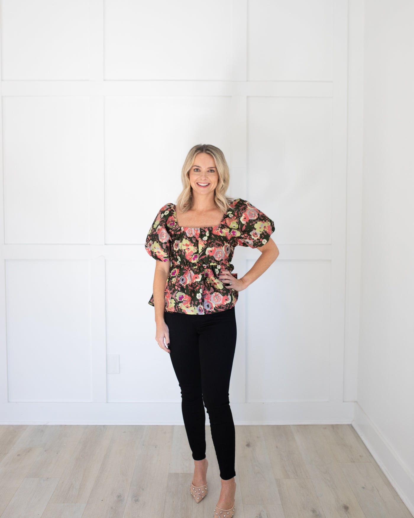 Dark Green Floral Peplum Top