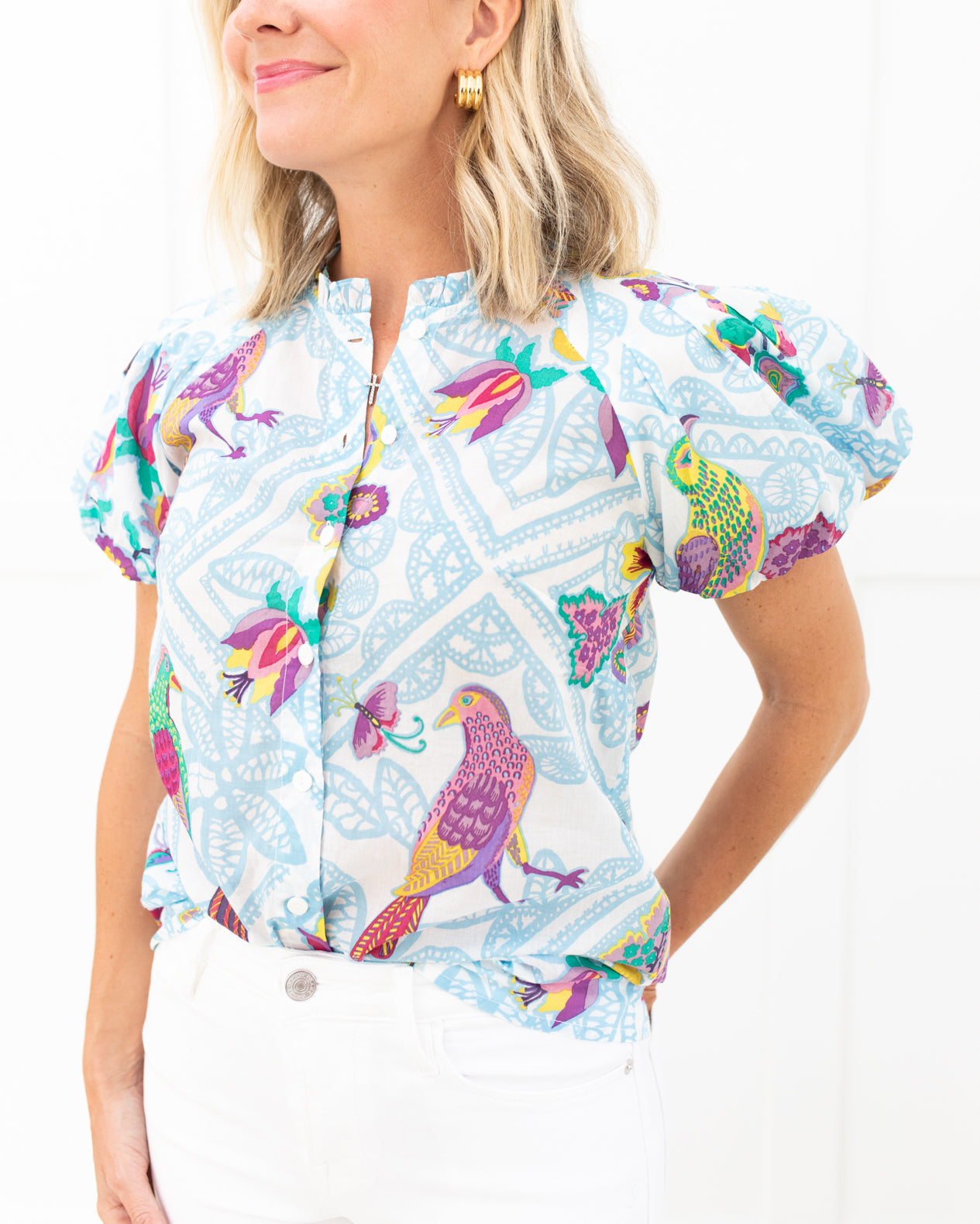 Light Blue Button-front Blouse with Birds