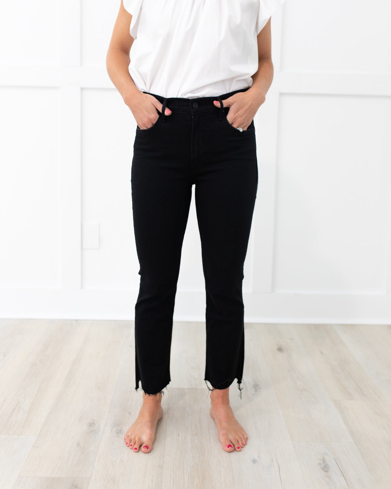 The Insider Crop Step Fray Denim in Not Guilty/Black by Mother