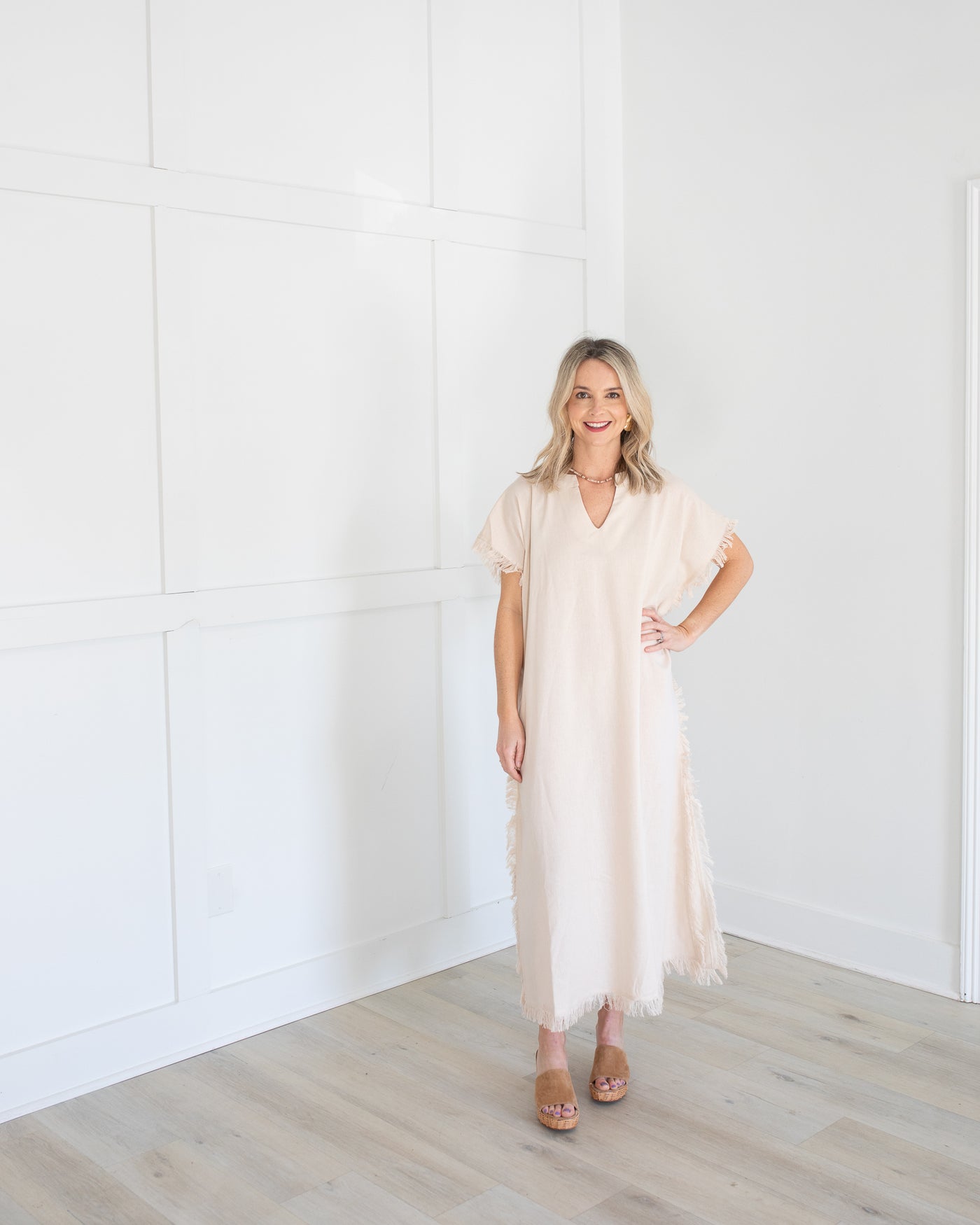 Tan Linen Midi Dress with Frayed Trim