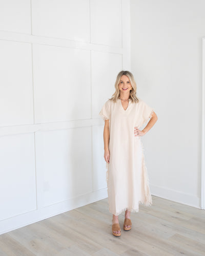 Tan Linen Midi Dress with Frayed Trim