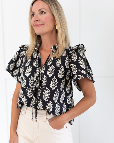 Black and Ivory Flutter Sleeve Top