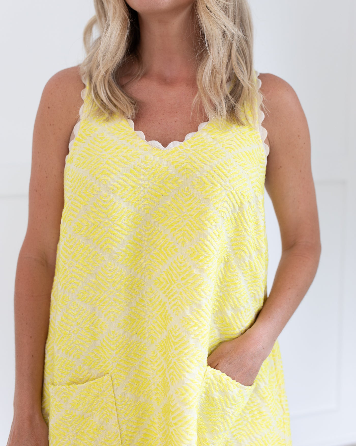 Yellow V-Neck Dress with Ric Rac Detail