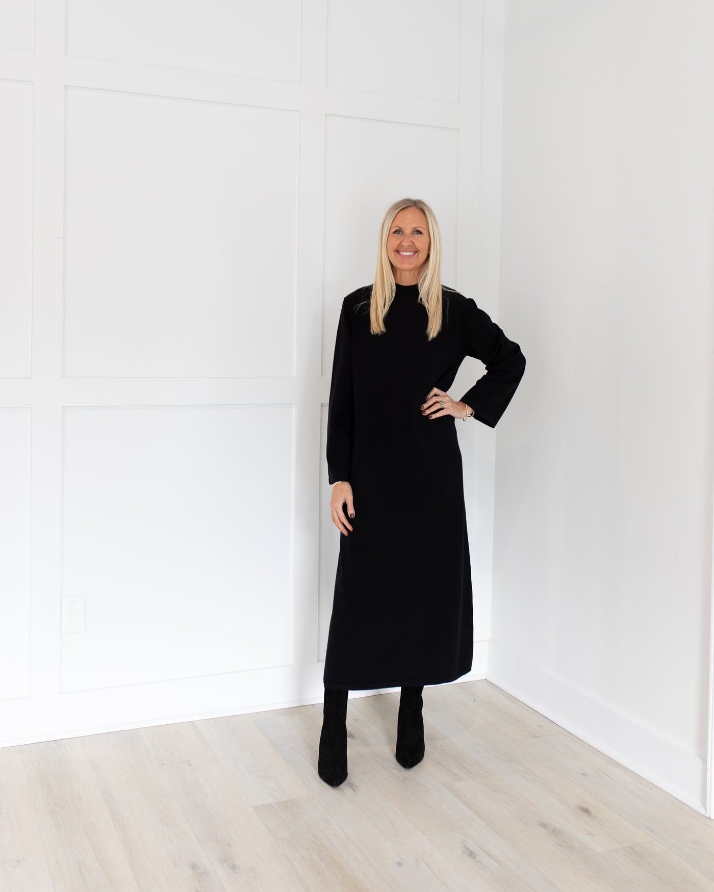 Black Long Sleeve Mock Neck Midi Dress