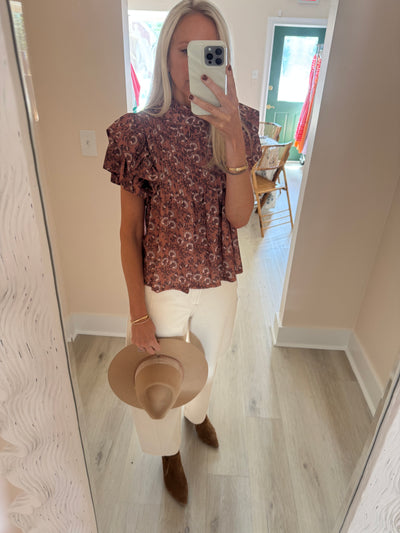 Brown Floral Pintuck Ruffle Sleeve Blouse