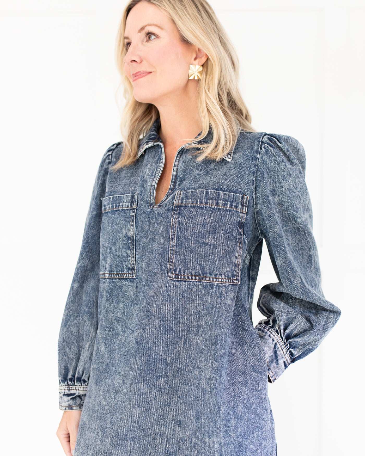 Long Sleeve Denim Mini Dress with Chest Pockets