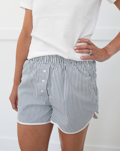 White and Navy Striped Elastic Waist Shorts