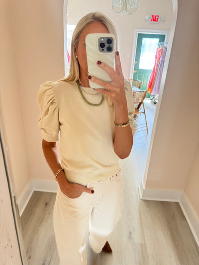 Cream Lightweight Sweater with Ruched Sleeves