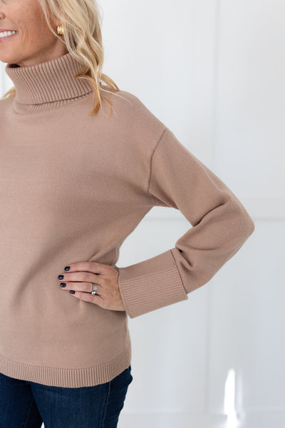 Taupe Turtleneck Sweater with Cuff