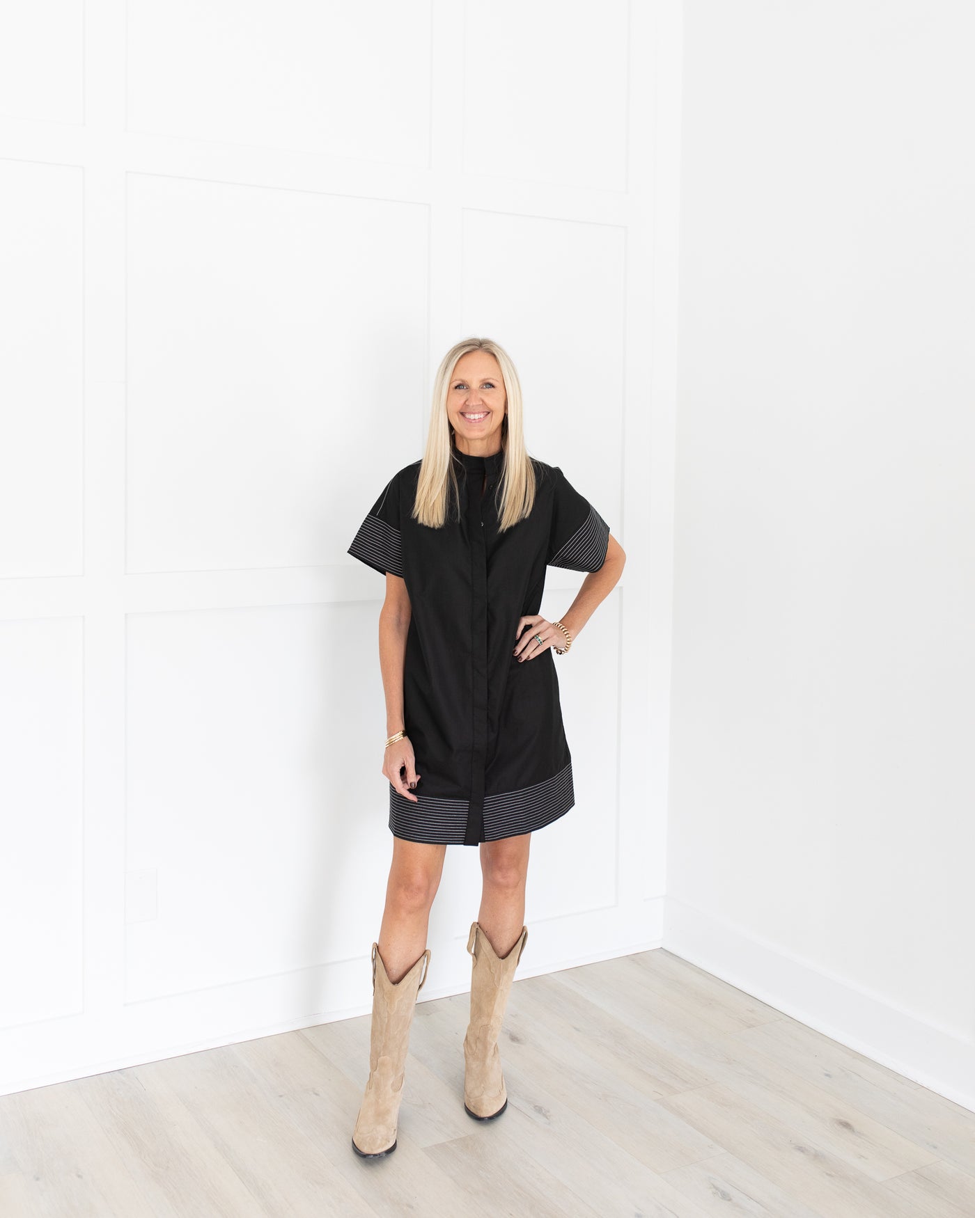 Black Button Front Mock Neck Dress