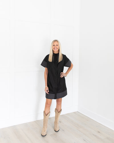 Black Button Front Mock Neck Dress