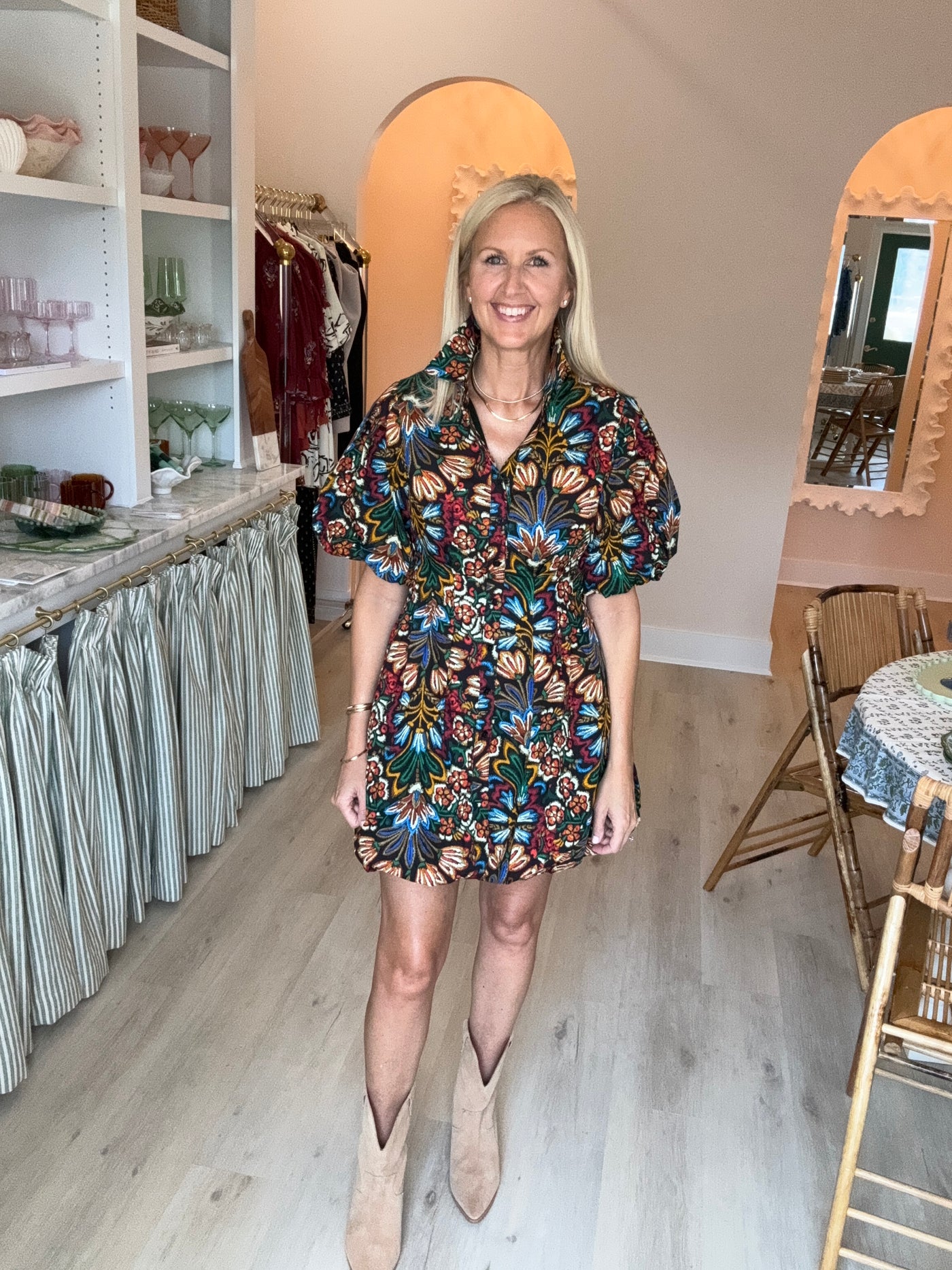 Collared Bubble Dress in Black, Red and Gold Floral