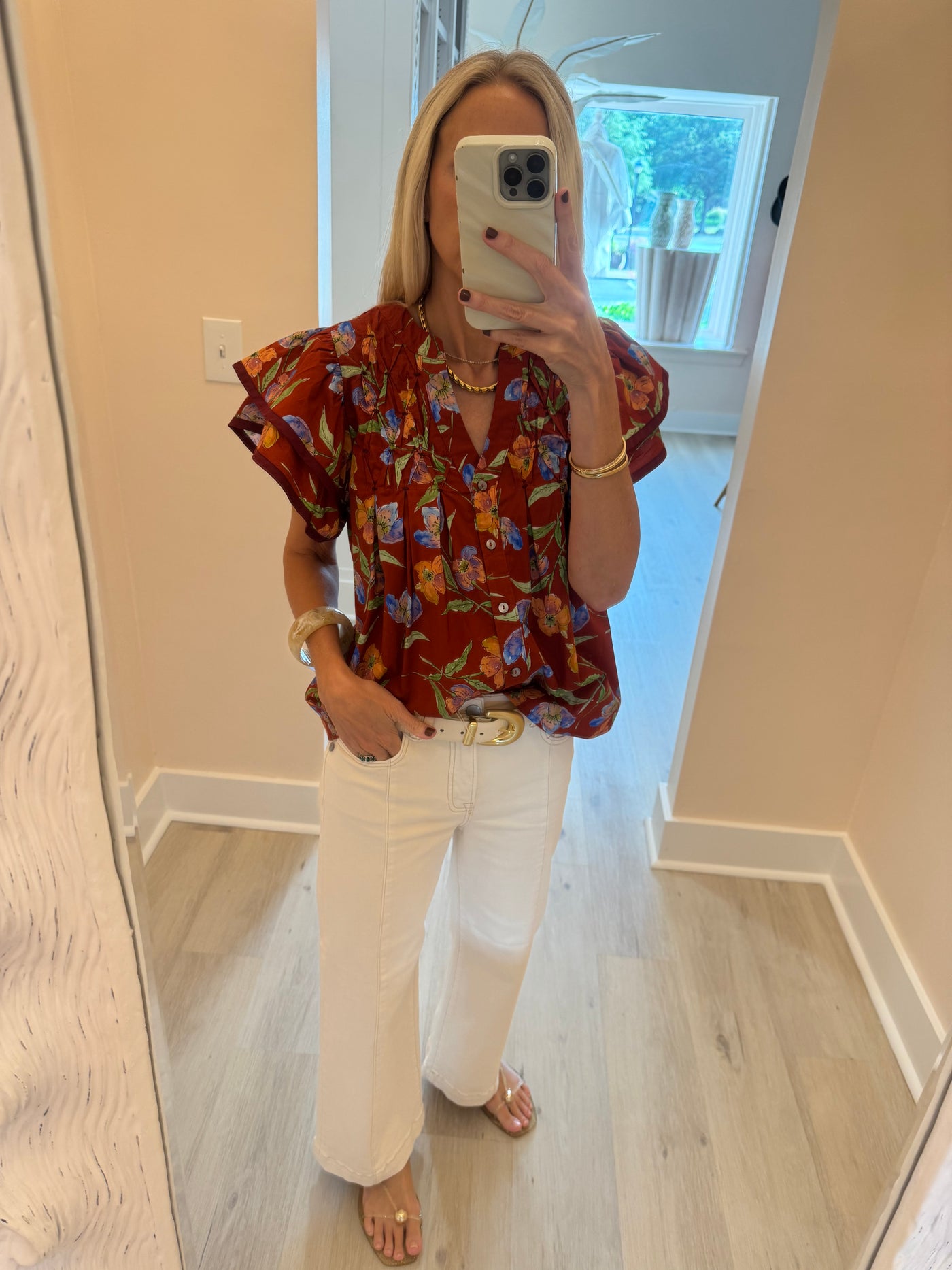 Rust, Blue and Peach Floral Flutter Sleeve Top