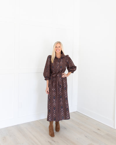 Brown Collared Midi Dress with Navy and Tan Floral