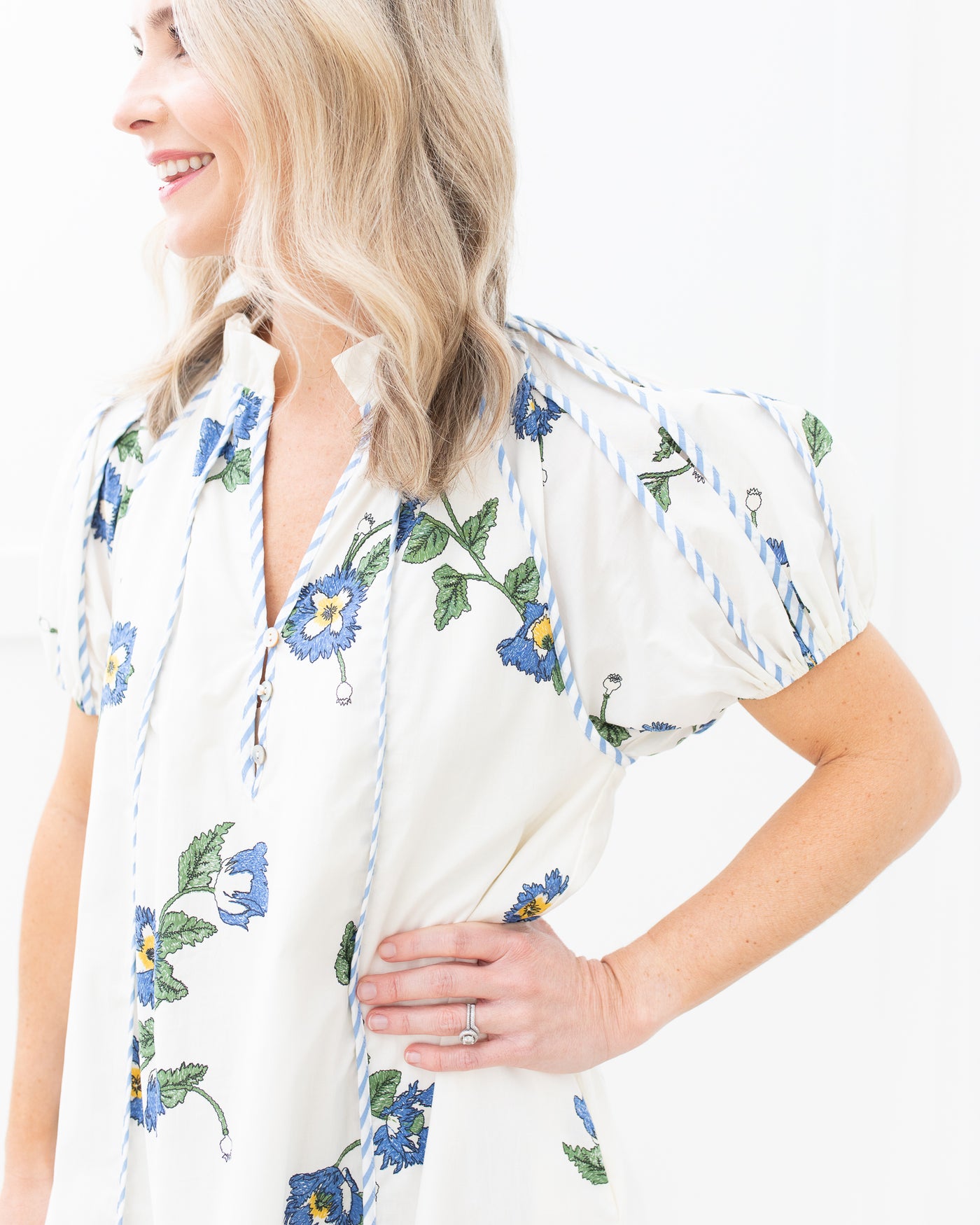 Ivory and Blue Floral Stripe Dress