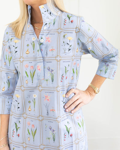 Blue Collared V Front Shift Dress in Botanical Print with Sash