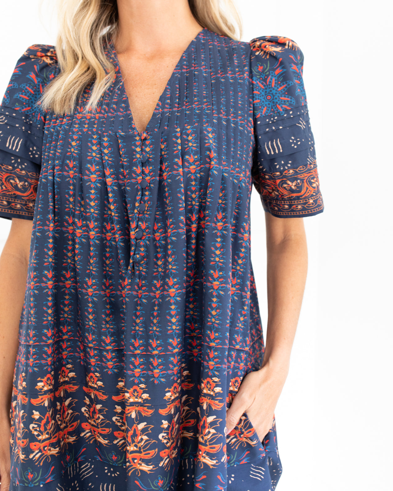 Youjin Dress in Navy Essex Block Border by Hunter Bell