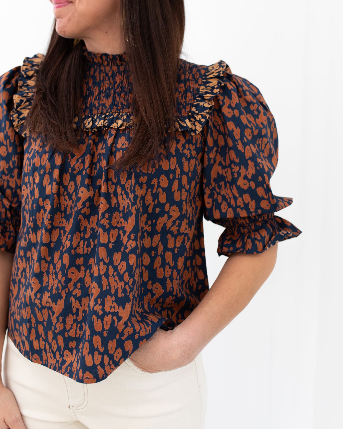 Smocked Top in Navy and Tan Animal Print