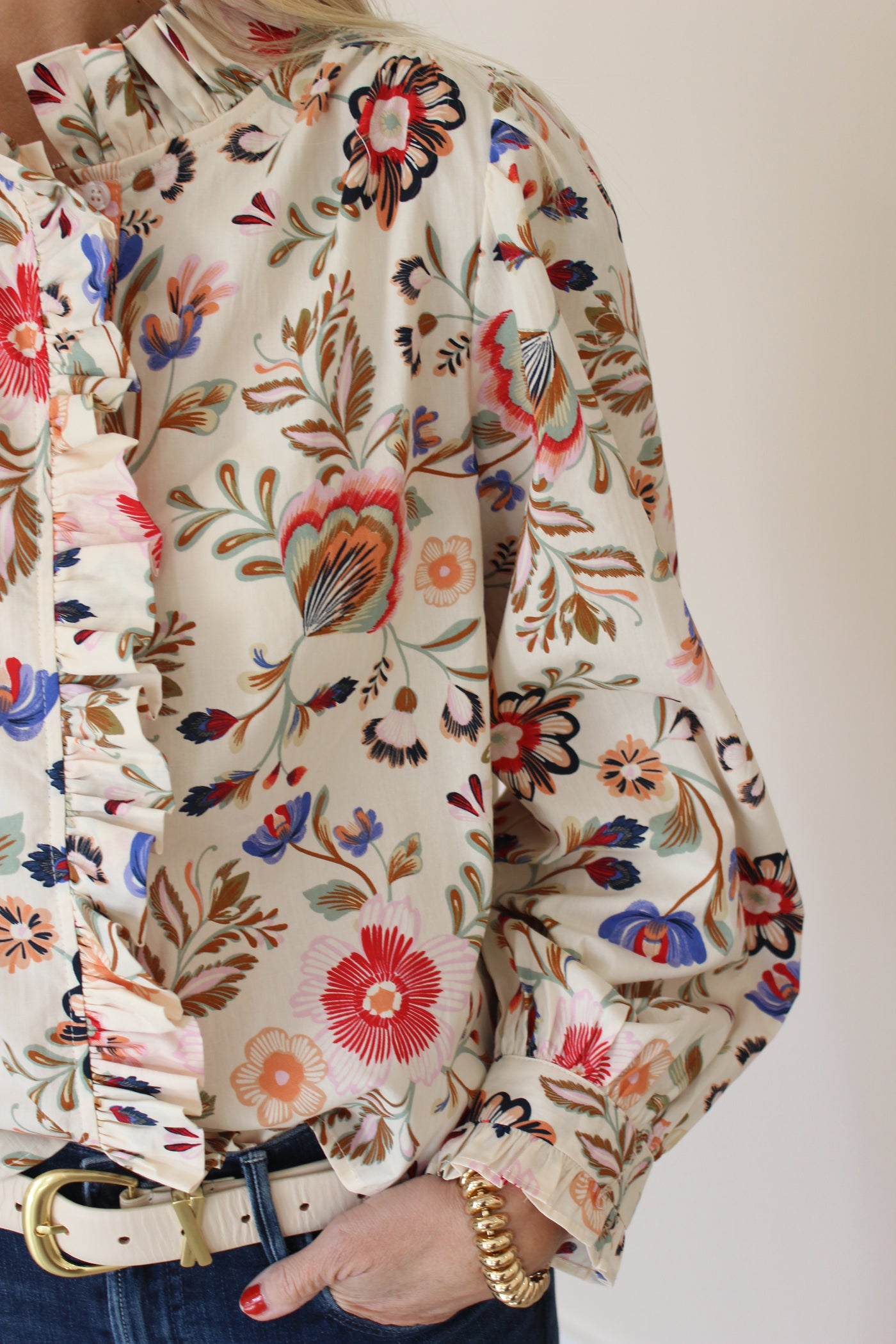 Cream Ruffle Front Floral Blouse