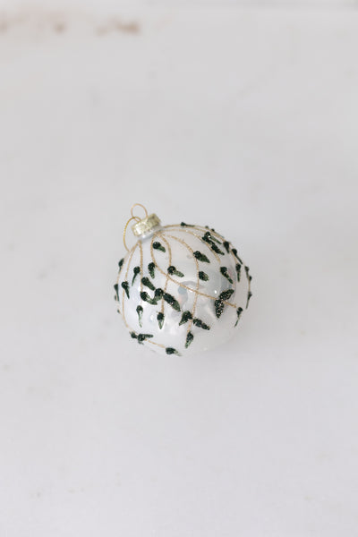 White Glass Ball Ornament with Ivy