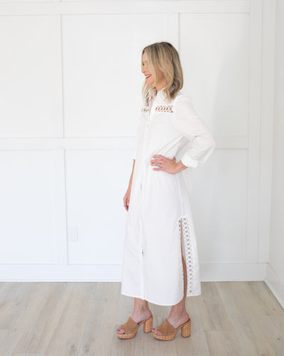 White Button Down Midi Dress with Cutouts