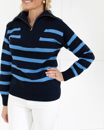 Navy/Blue Striped Knit Zip Pullover
