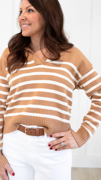 Mocha and Cream Striped Collared Sweater