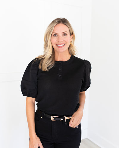 Black Knit Top With Poplin Puff Sleeves