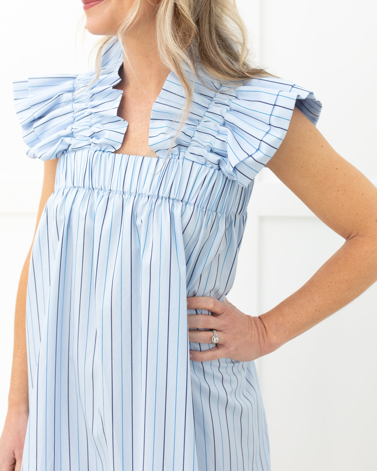Blue Stripe Ruffle Long Dress