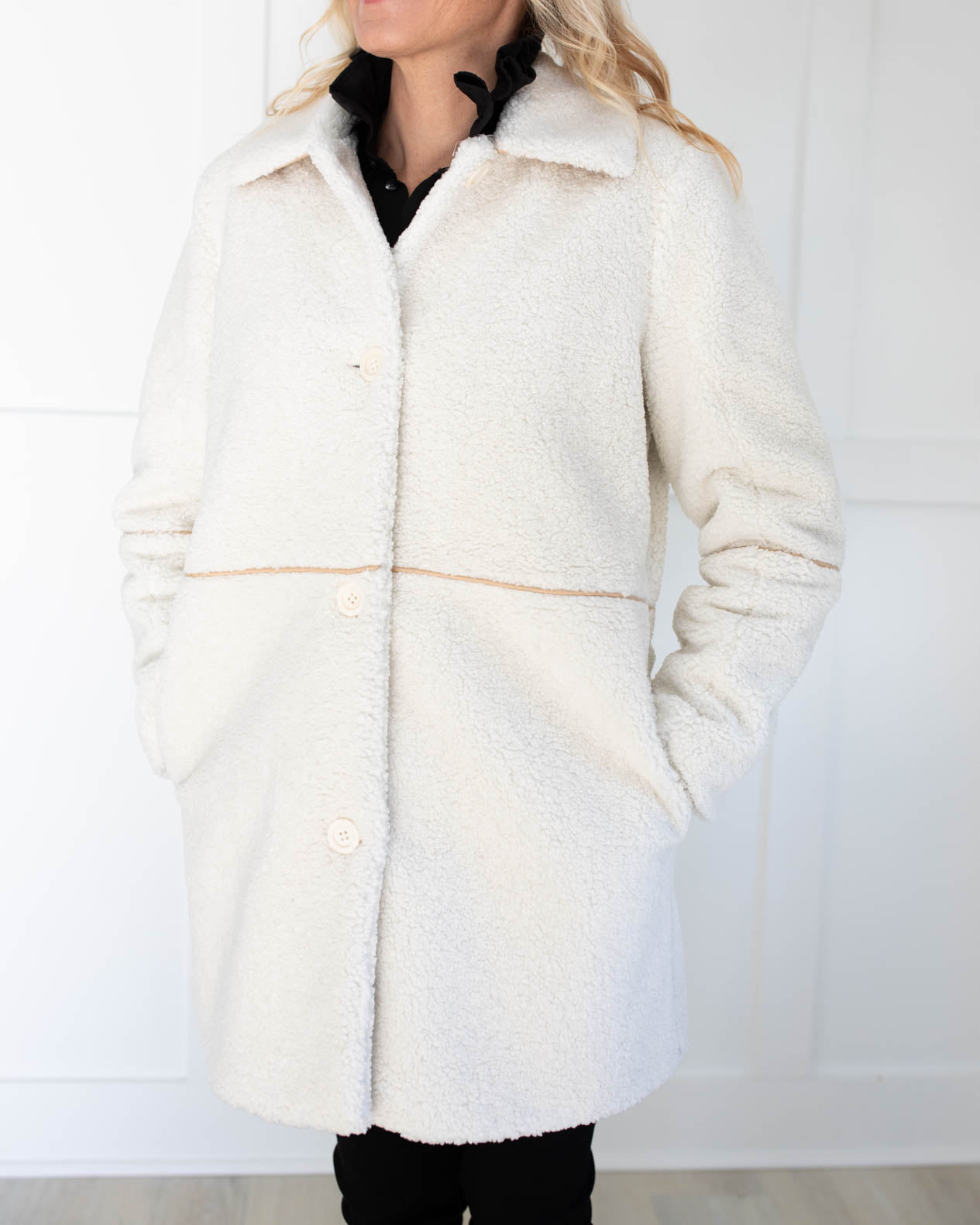 White Fluffy Sherpa Coat with Leather Detail