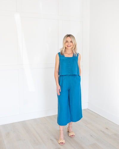 Teal Linen Cropped Sleeveless Top