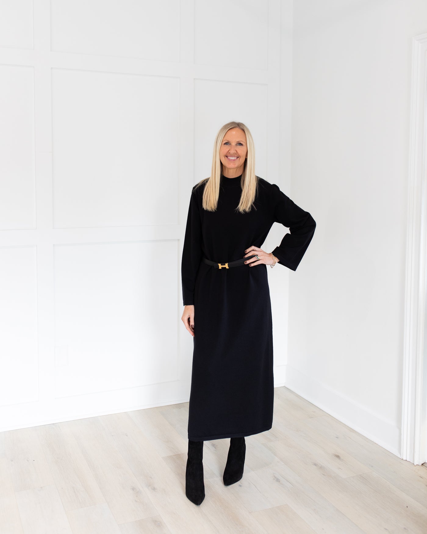 Black Long Sleeve Mock Neck Midi Dress