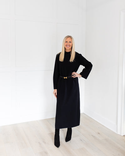 Black Long Sleeve Mock Neck Midi Dress
