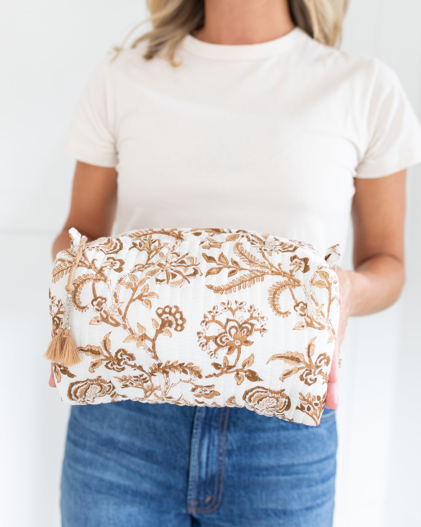 Brown and White Autumn Floral Cosmetic Bag